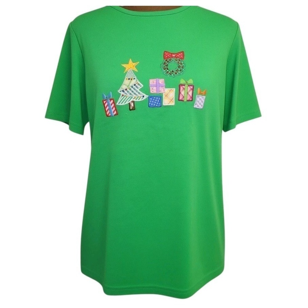 Quacker Factory Christmas Top Tee Womens XS Green Embroidered Beaded Holiday